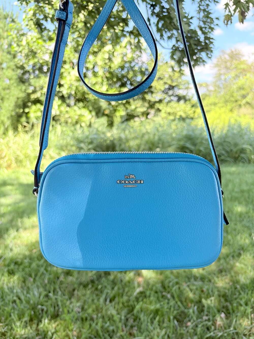 Coach Blue Leather Double Zip Camera Crossbody Bag